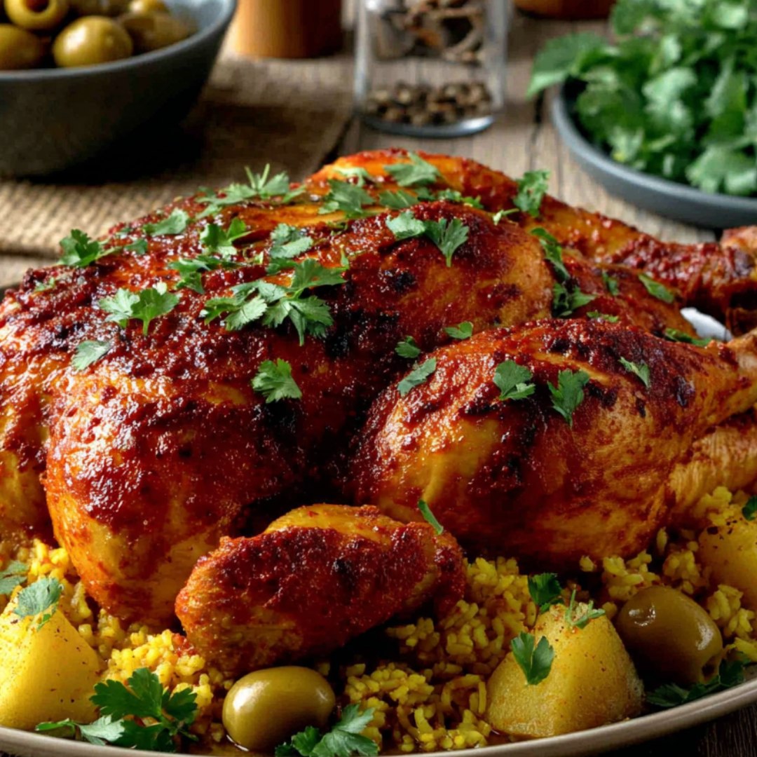 Poulet roti marocain aux olives et pommes de terre