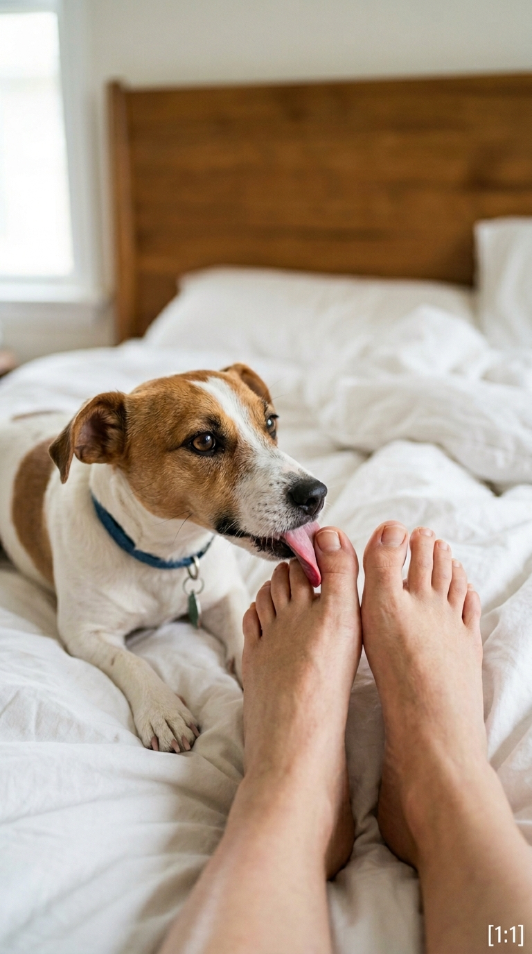 Dog licking persons toes